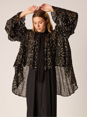 Natalie Martin NEW Black Gold Metallic Polka Dot Briana Cape with Sleeves Size S